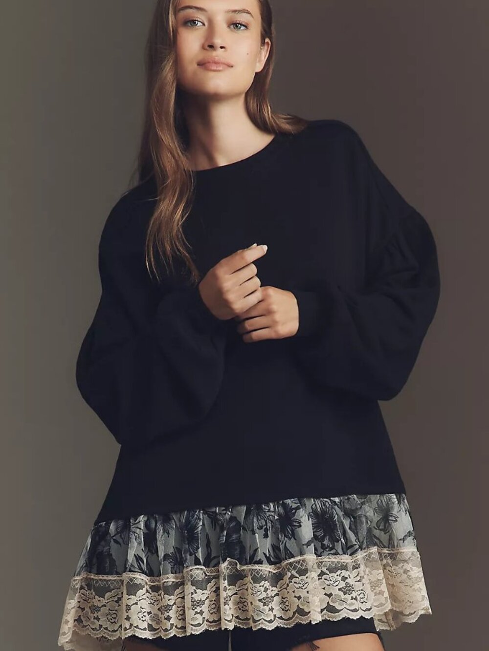 Anthropologie Black Pullover Sweater SP Tulle Ruffle Hem Sheer Dot Sleeves